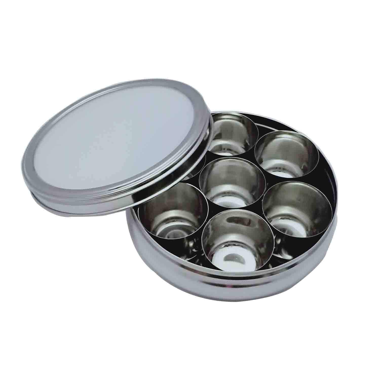 Masala Dabba Transparent Lid - 7 Compartments, masala box, stainless steel spice box indian masala dabba Stainless Steel Masala Dabba Spice Container Box with 7 Spoons Kitchen Spice Box Spice Box