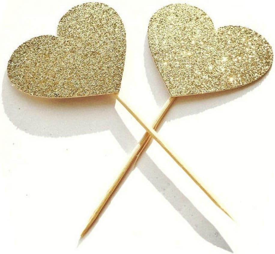 40PCS IFfree Best Heart Cupcake Toppers, Gold Glitter Heart Large Cupcake Toppers Golden Wedding,Weddings, Bridal or Baby Shower.