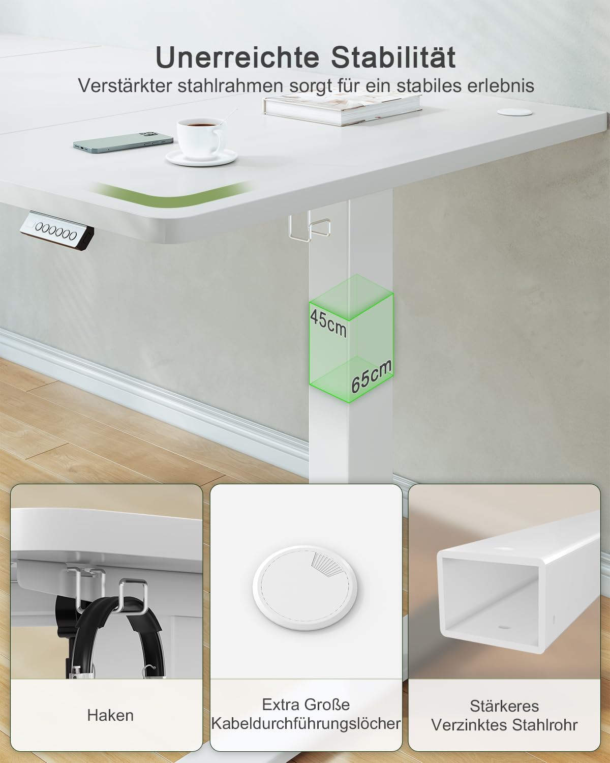 JUMMICO Höhenverstellbarer Schreibtisch mit USB-Ladeanschluss,Schreibtisch Höhenverstellbar Elektrisch 160 x 70 cm, Steh-Sitz Tisch Stehpult Verstellbarer Computertisch,Standing Desk,Weiß 4