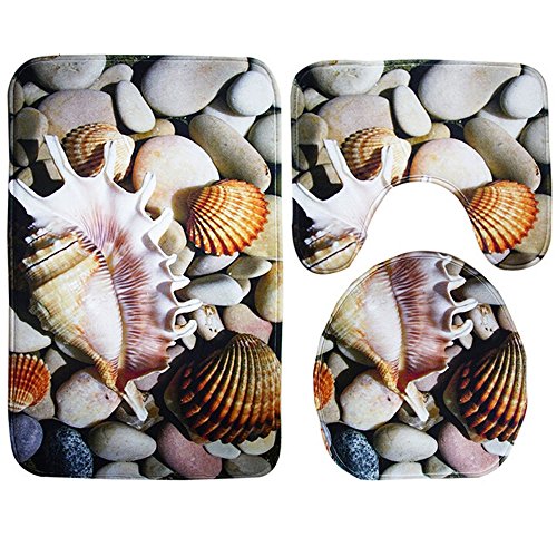 Alimao 4PCS Sea Style Non Slip Toilet Polyester Cover Mat Set Bathroom Shower Curtain