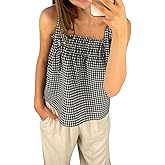Yojeasrio Women Y2k Gingham Tank Top Sleeveless Smocked Tank Tops Plaid Camisole Ruffle Hem Peplum Tops Summer Streetwear Black, Small