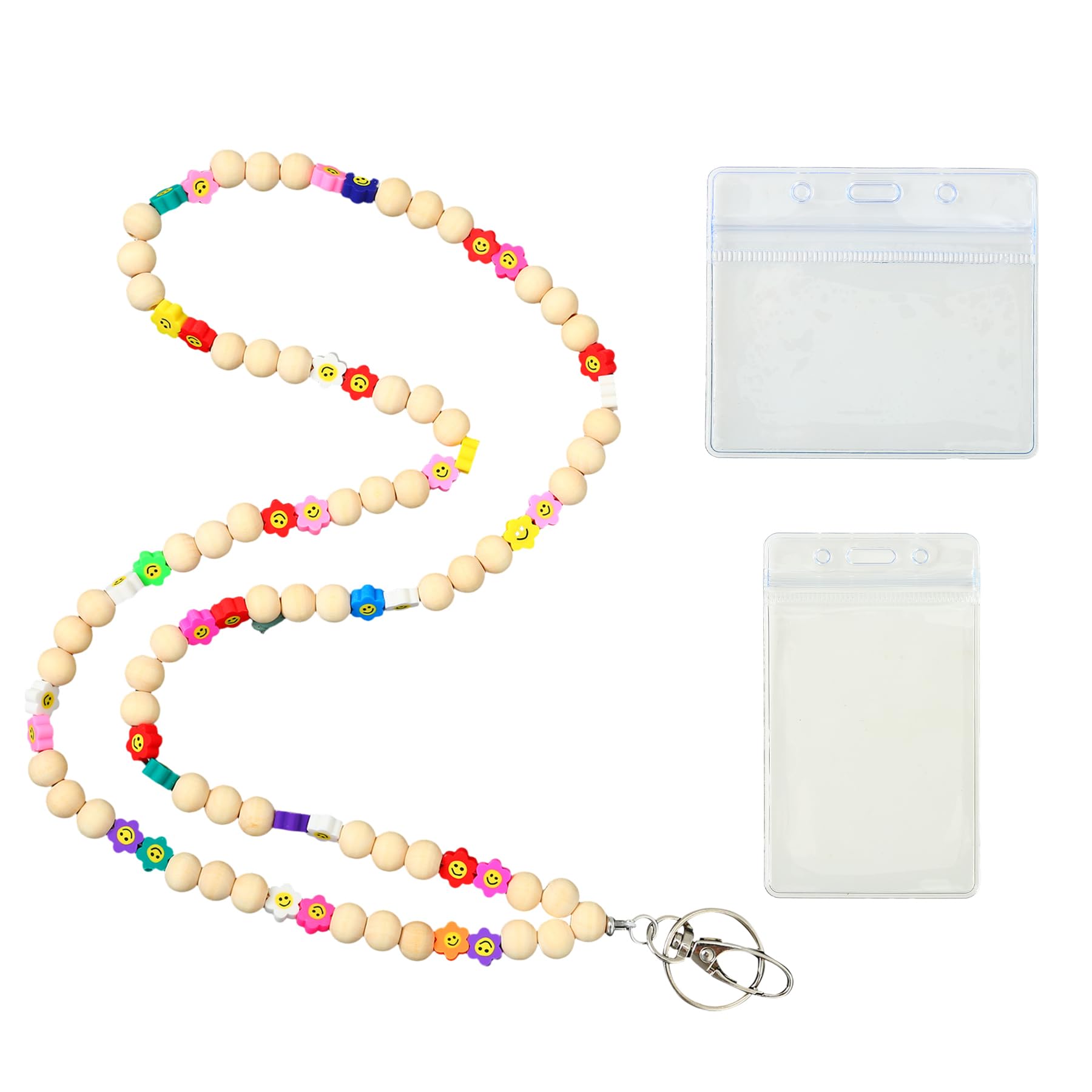 Boho Beaded Lanyard with ID Card Holder - Colorful Wooden Beaded ID Badges Keys Working Card Lanyards for Neck