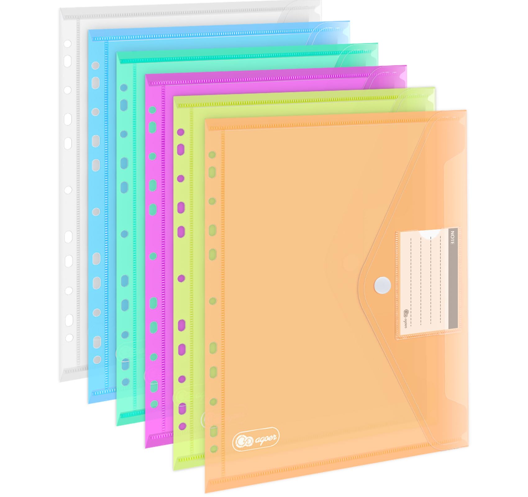 Agoer A4 Plastic Wallets,12 Pack Colorful Punched Pockets A4 with Popper,Transparent Plastic Folders Document Wallets,11 Hole Ring Binder Wallets with Label Pocket for Home,Office,School — image 1