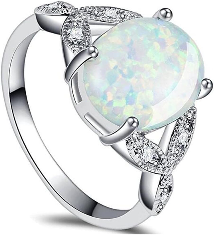 JUDEStainless Steel Oval Shaped Created Fire Opal Wedding Engagement Promise Anniversary Ring
