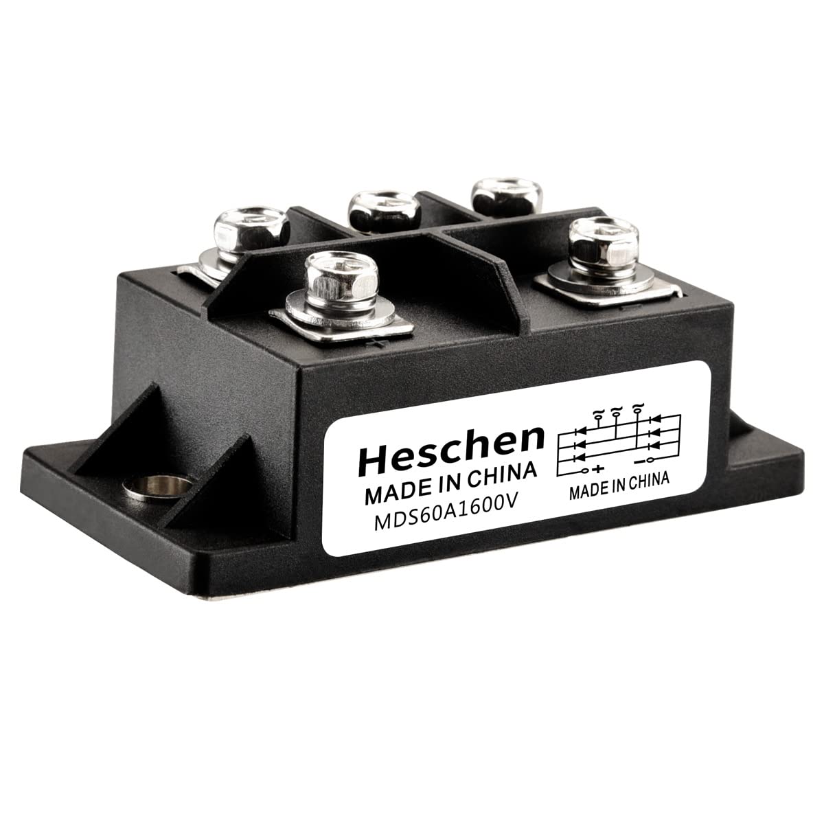 Heschen Three Phase Bridge Rectifier, MDS-60A, Diode Module, 60A 1600V, 5 Screw Terminals