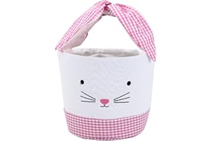 XINBLUECO Easter Bunny Basket Egg Bags for Kids,Canvas Cotton Personalized Candy Egg Basket Rabbit Print Buckets with Fluffy Tail Gifts Bags for Easter……