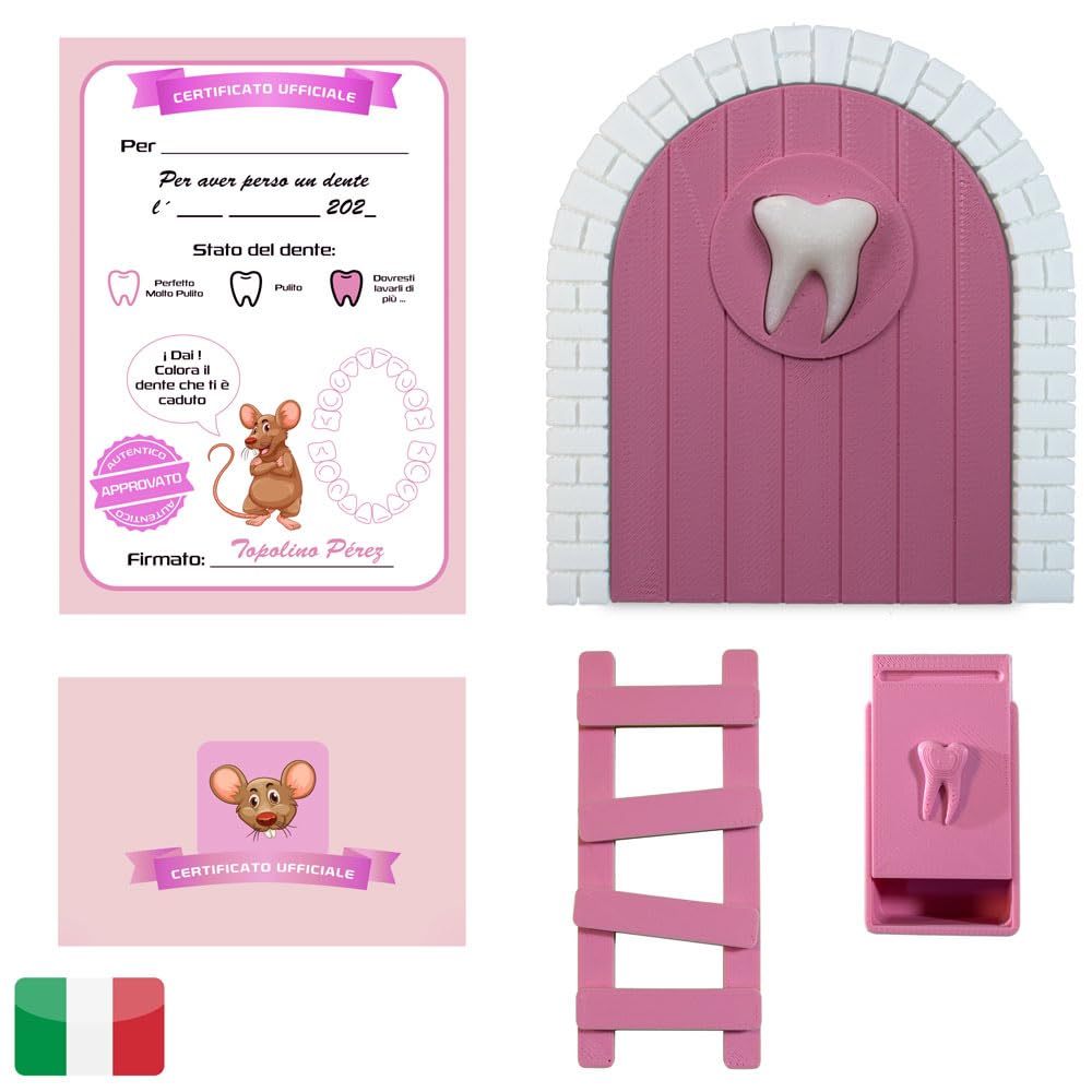 Myfuturshop® Baby Tooth Door for leaving baby teeth to the Topolino Original Gift for Boys and Girls - Tooth Box + Ladder + 4 Clean Tooth Certificates Italian Version