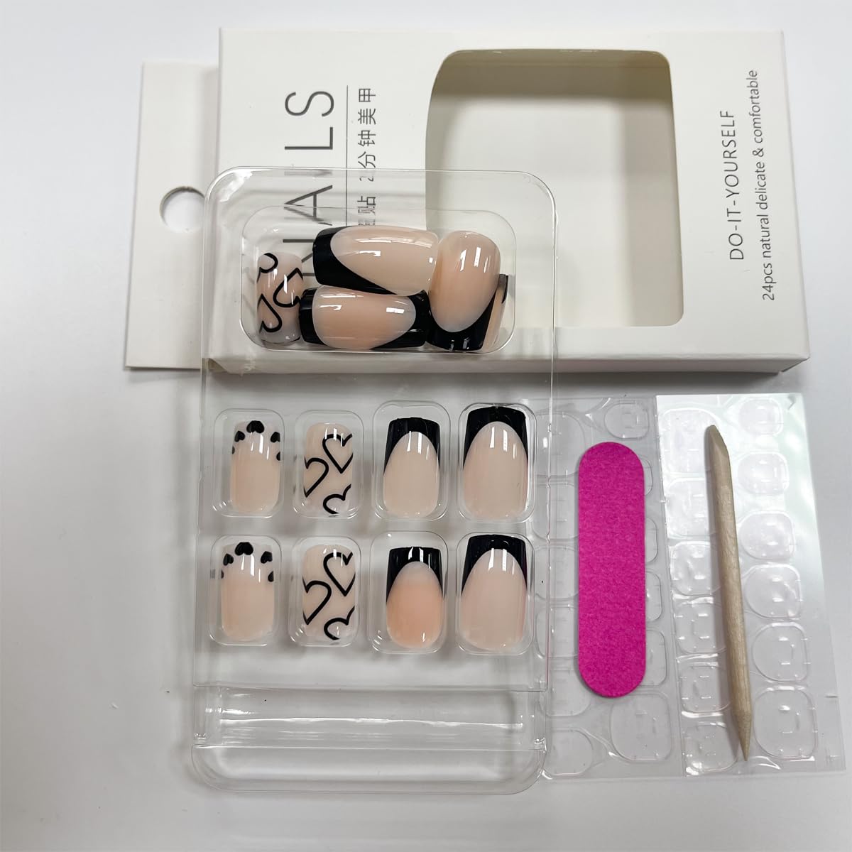 French Tip Press on Nails Short Square Fake Nails Black Acrylic Nails with White Heart Design Stick on Nails Artificial Full Cover Glossy Glue on Nails for Women Girls Valentine's Day Manicure 24pcs… - Image 5