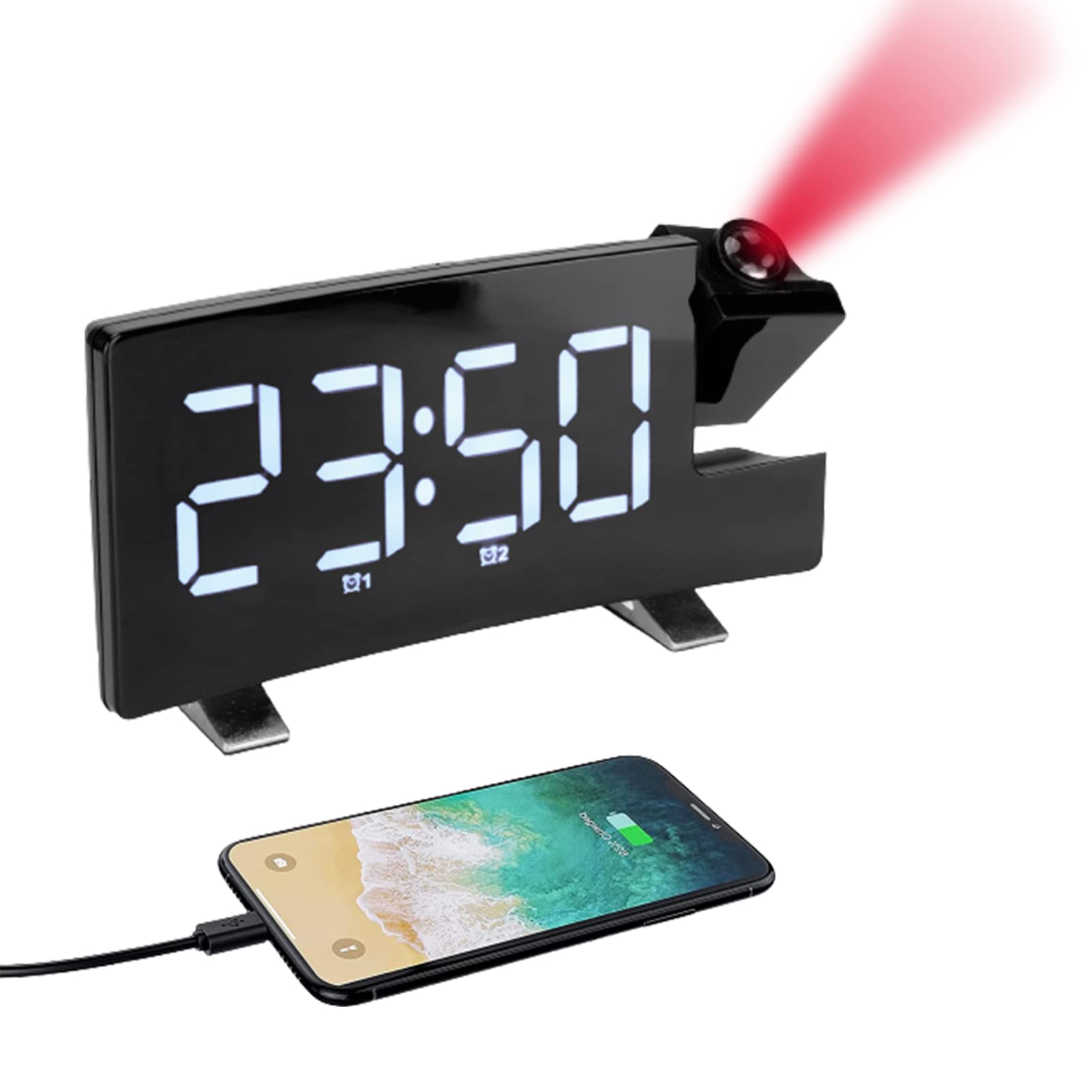 Goshyda Digital Projection Alarm Clock, LED Alarm Clock, 180° Rotatable Projection On Ceiling Wall, FM Radio, USB Charger, Bedside Clock for Bedroom Heavy Sleeper, Kids(White font)