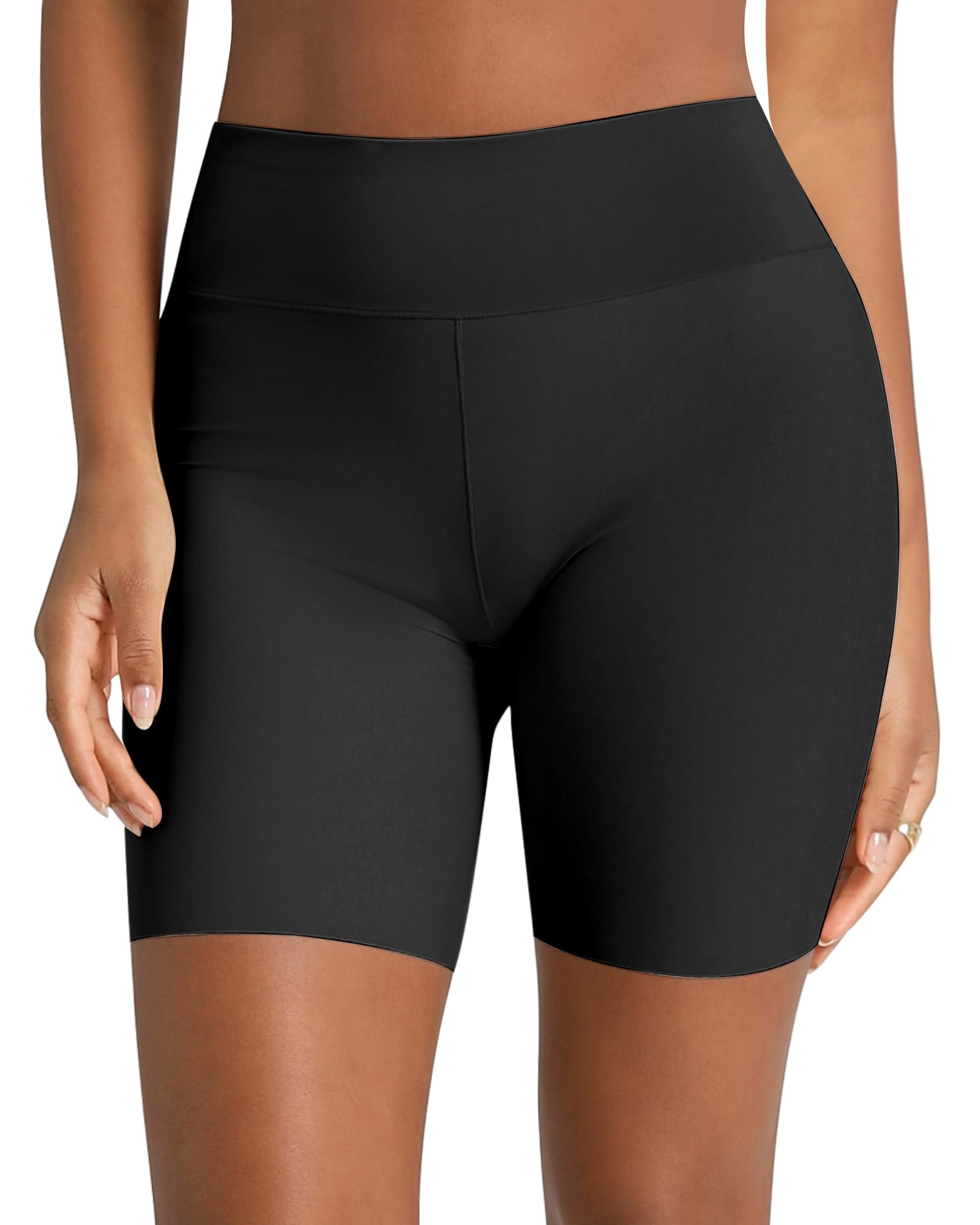 Photo 1 of AugYew Slip Shorts for Under Dresses Women, Cooling Spandex Anti Chafing Smooth Biker Safety Boyshorts Panties Summer for Yoga Gym Workout,Black,L