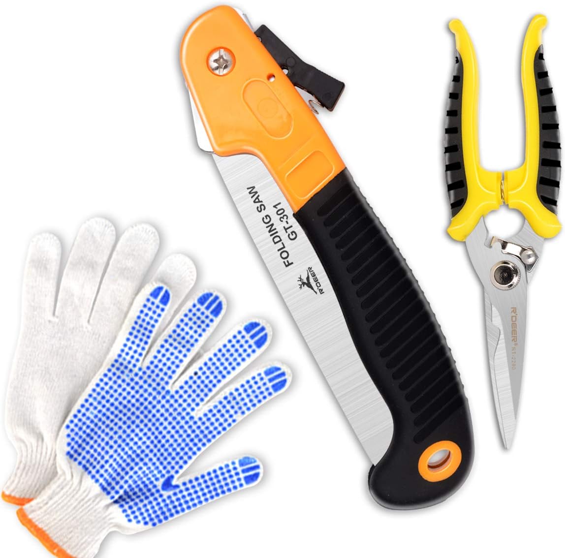 Robust Deer Garden Tool Set, Folding Saw+ Bypass Pruning Shears+ Garden Gloves for Wood Camping Heavy Duty, Multi-Purpose Manganese Steel Material Saw and Scissor for Garden Flower Orchard Pruning