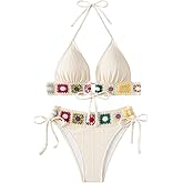 NDUAAC Women's Floral Embroidery Halter Padded Bikini Set Cut Out Boho Bathing Suit Swimsuit