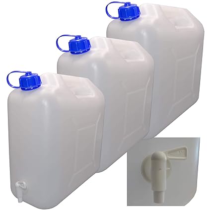 3 x 20 L Kanister mit Deckel, Zapfhahn und Ausgießer, natur Trinkwasser