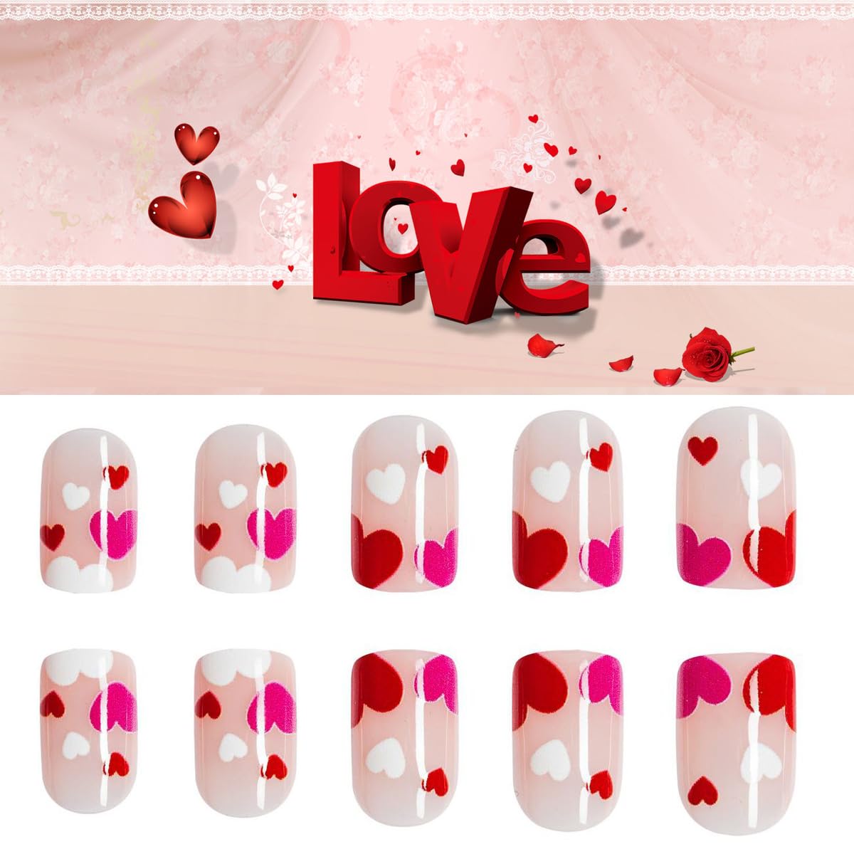 Valentine's Day Press on Nails Short Red Heart Square Fake Nails with Designs Full Cover False Nails Glossy Pink Acrylic Nails Cute Artificial Nails Extra Short Press on DIY Nail Decorations for Women - Image 5