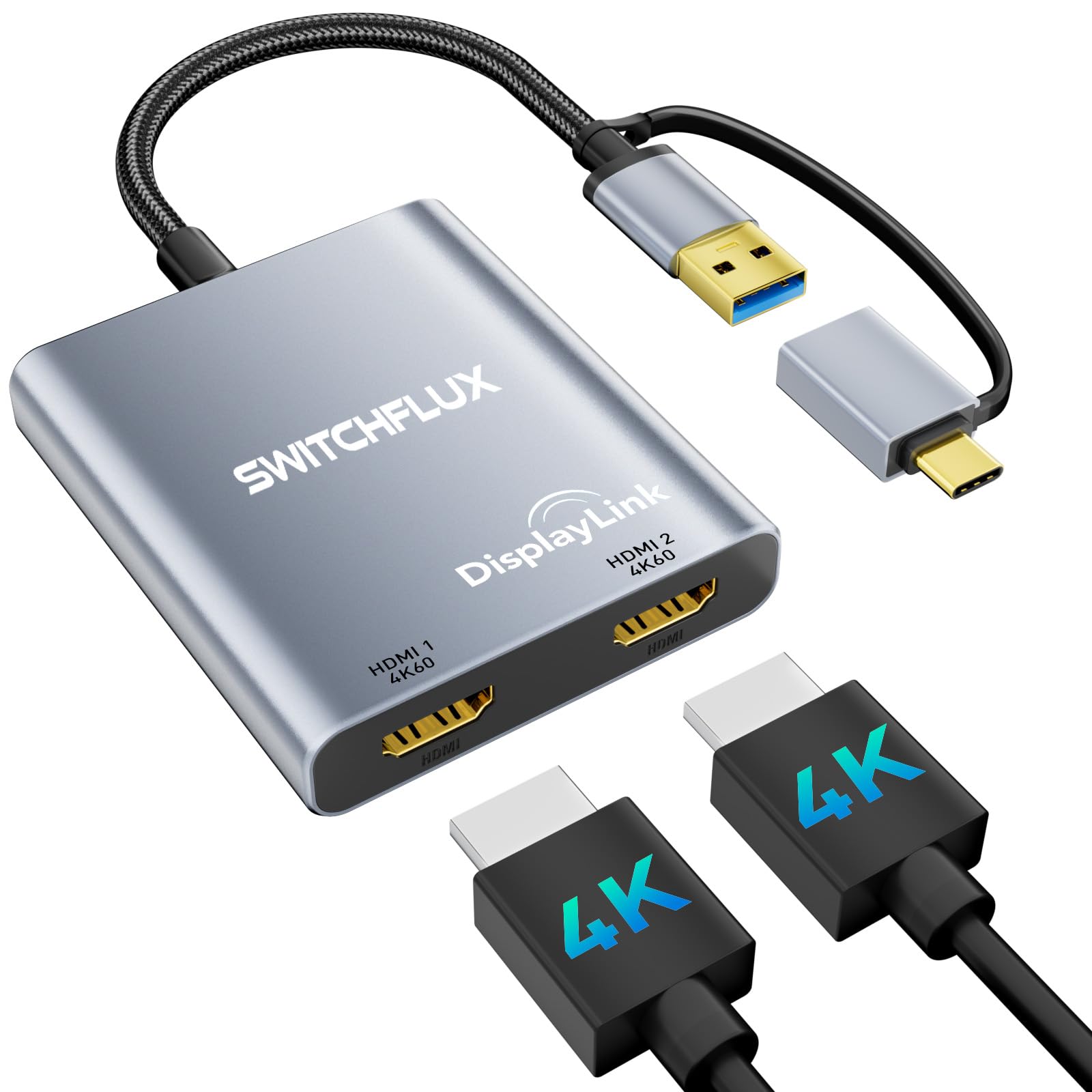Photo 1 of SWITCHFLUX USB C to Dual HDMI Adapter |4k@60Hz| for Mac M1/M2/M3,Displaylink(DL6950) HDMI Spilitter Extended Display for Dual Monitors Compatible with Windows, MacBook Pro/Air,Driver Required