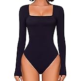 Avidlove Bodysuits for Women Sexy Long Sleeve Bodysuit Square Neck Double Lined Ruched Snap Closure Bodysuit Tops