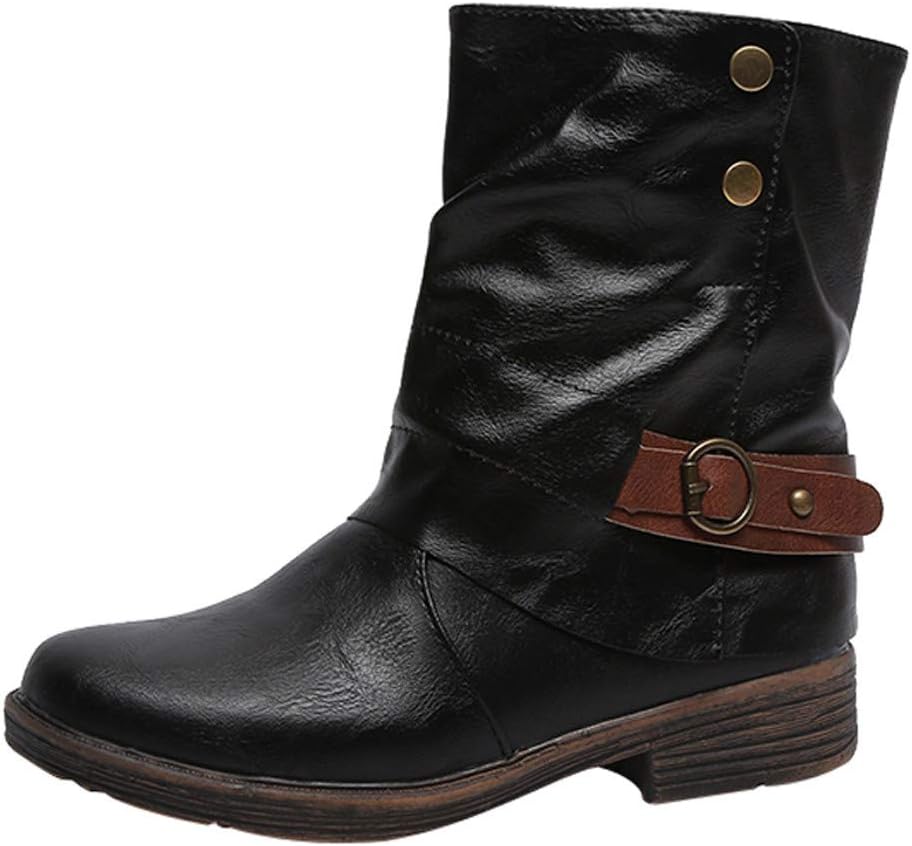 Holywin Vintage Women Round Toe Leather Booties Zipper Martin Boots Square Heel Shoes