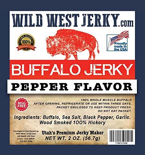 #1 BEST 100% Natural Grass Fed Hand Stripped 2 OZ. Thick Cut Delicious Tasty Bold Flavor Buffalo Jerky from Utah USA – Wood smoked With Hickory Wood by Wild West Jerky (Pepper, Pepper 10 Pack)