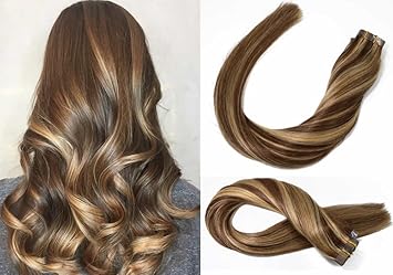 Amazon Com Tape In Hair Extensions 4p27 Medium Brown Dark Blonde
