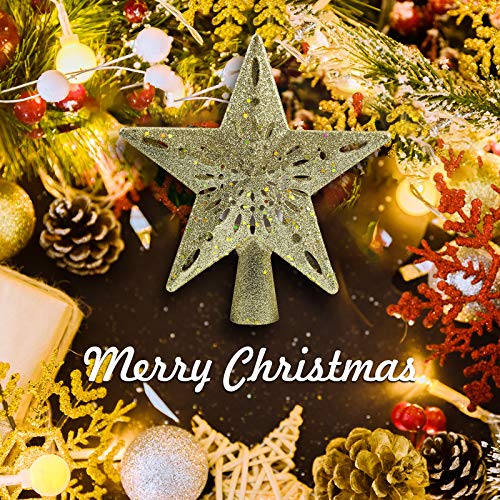 Delicacy Christmas Tree Topper, Lighted Star Tree Toppers with LED Rotating Snowflake Projector Lights, Gold Star Snow Tree Topper for Holiday Party Xmas Tree Decorations