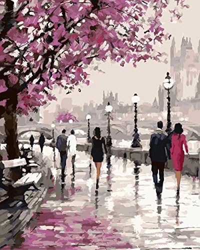 Tirzah Paint by Numbers Kits 40cm x 50cm Canvas DIY Acrylic Painting for Adults and Kids with Paints, Brushes - Romantic Sakura Street (Without Frame)