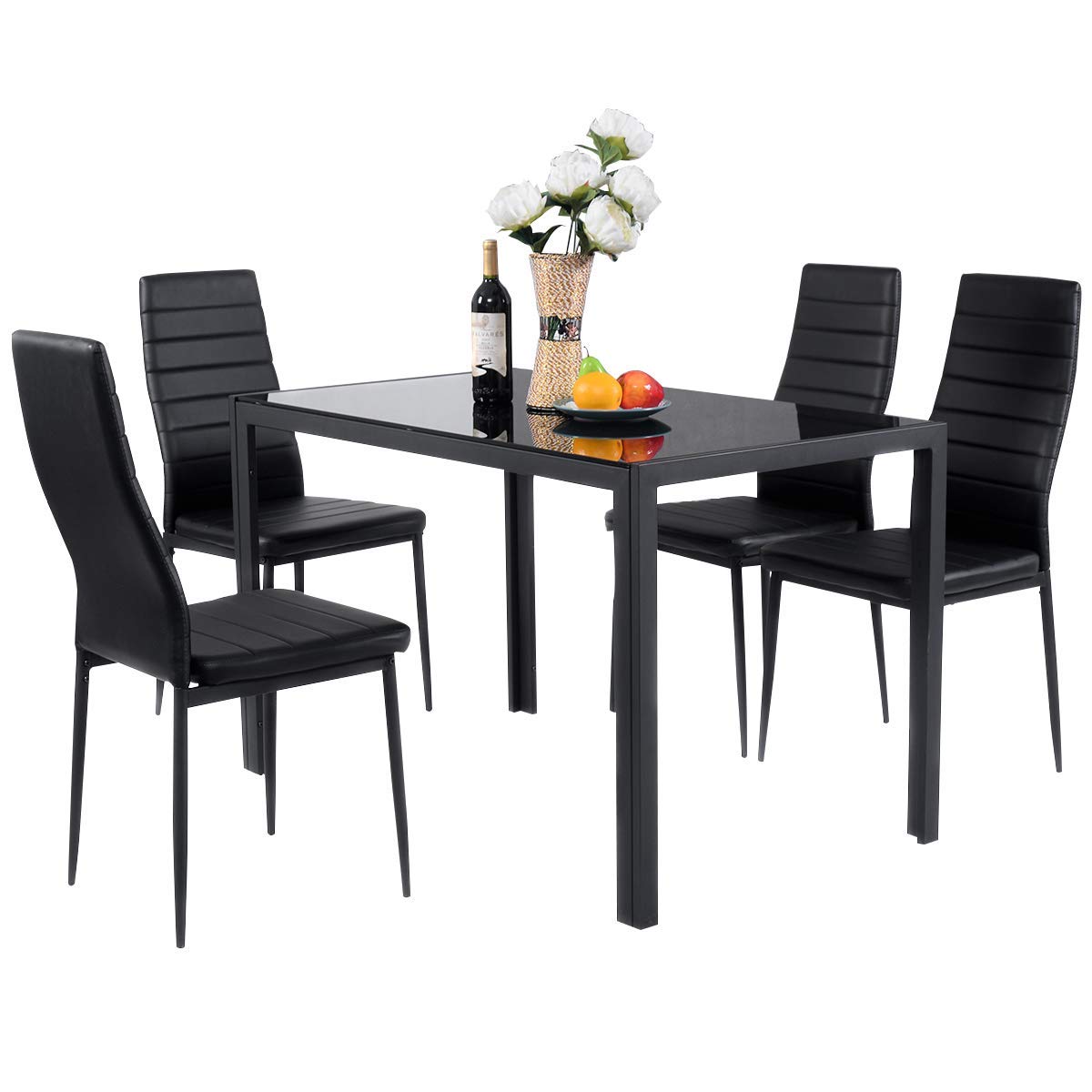 huiseneu Modern Black Glass Dining Room 4 Chairs and Table Set Faux
