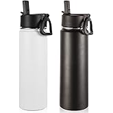 Volhoply Insulated Water Bottles with Straw Bulk 2 Pack, 22 oz Stainless Steel Sports Bottle with Handle Lid, Double Walled Vacuum Metal Cold Water Cups with Wide Mouth for School Hiking(Mix,2 Set)