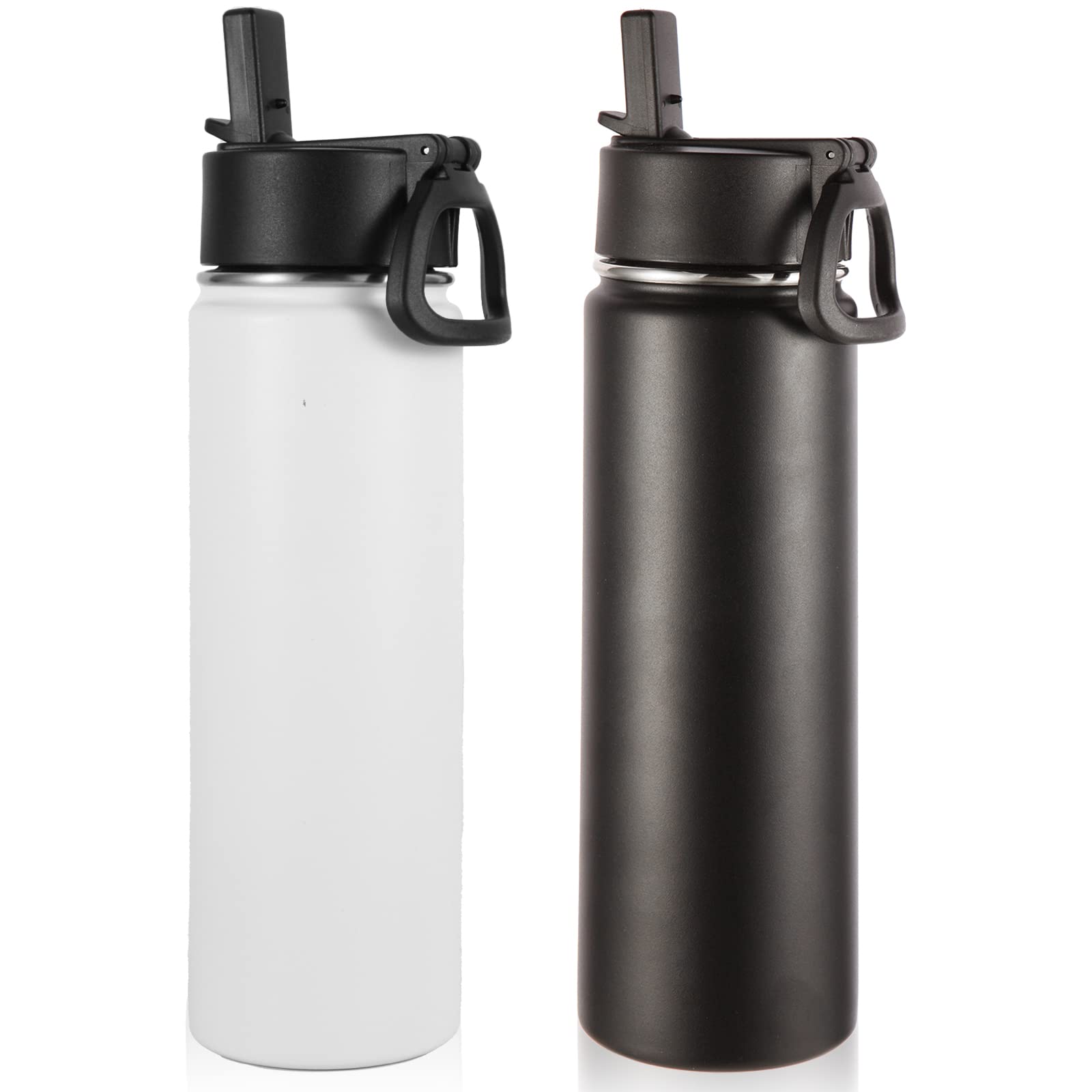 Volhoply Insulated Water Bottles with Straw Bulk 2 Pack, 660ml Stainless Steel Sports Bottle with Handle Lid, Double Walled Vacuum Metal Cold Water Tumbler with Wide Mouth for School Hiking(Mix,2 Set)