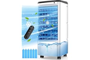 CENSTECH Evaporative Air Cooler, Swamp Cooler Air Conditioner w/ 12H Timer for Auto-off, 6 Upgraded Ice Packs, 3-Speed Windowless Air Conditioner, Smart Remote, Dual Tank Portable Air Cooler for Room