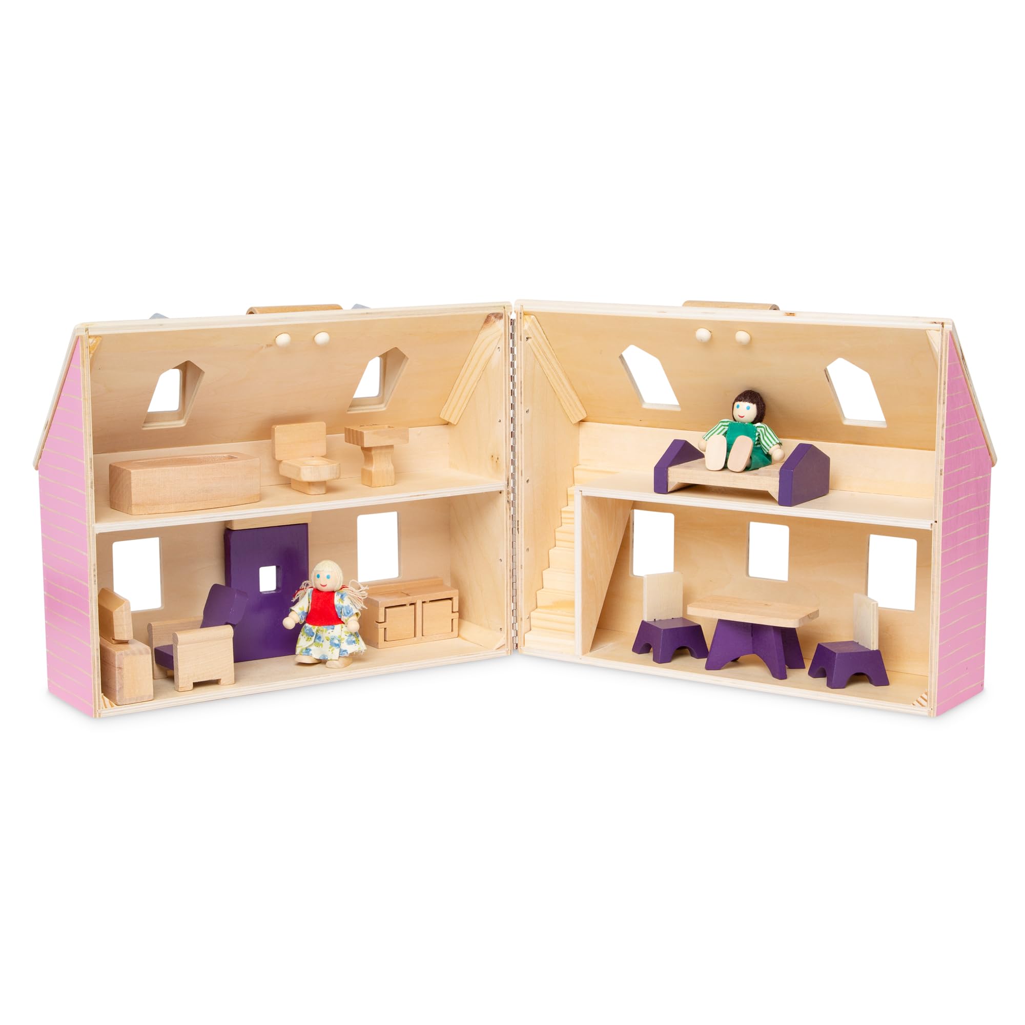 Melissa & Doug Fold and Go Wooden Dollhouse with 2 Dolls and Wooden Furniture,Multi,One Size