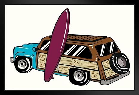 Amazon ウッディ ステーションワゴン サーフボード付き サーフアップ イラスト ポスター 18x12 x14 Inches ブラック アートフレーム ポスター オンライン通販