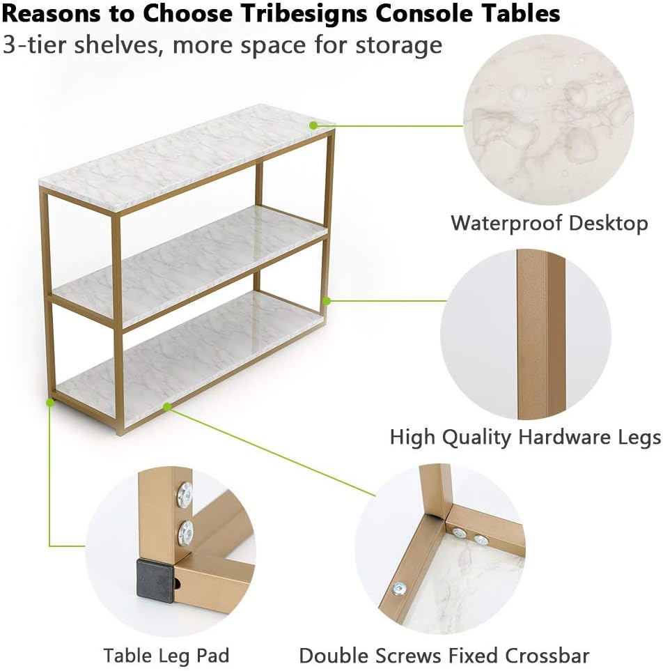 Tribesigns 3-Tier Console Table, Gold Sofa Entry Table with Faux Marble Top and Gold Metal Frame for Home: Home & Kitchen