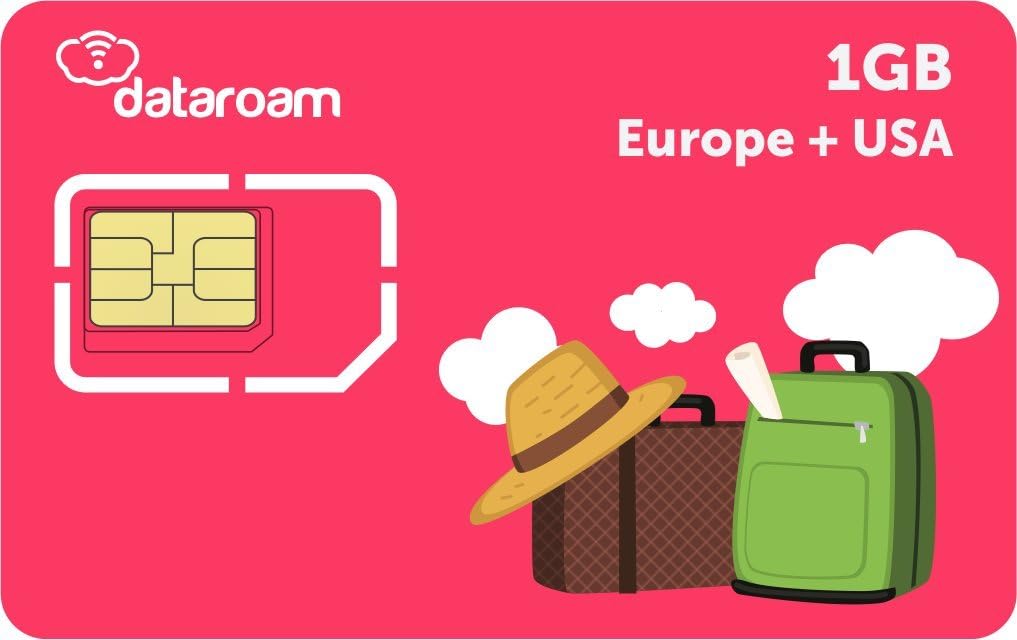 dataroam® 1GB Prepaid USA + Europe Data SIM Card - Fast 4G Data SIM works in 34 countries including USA & Europe