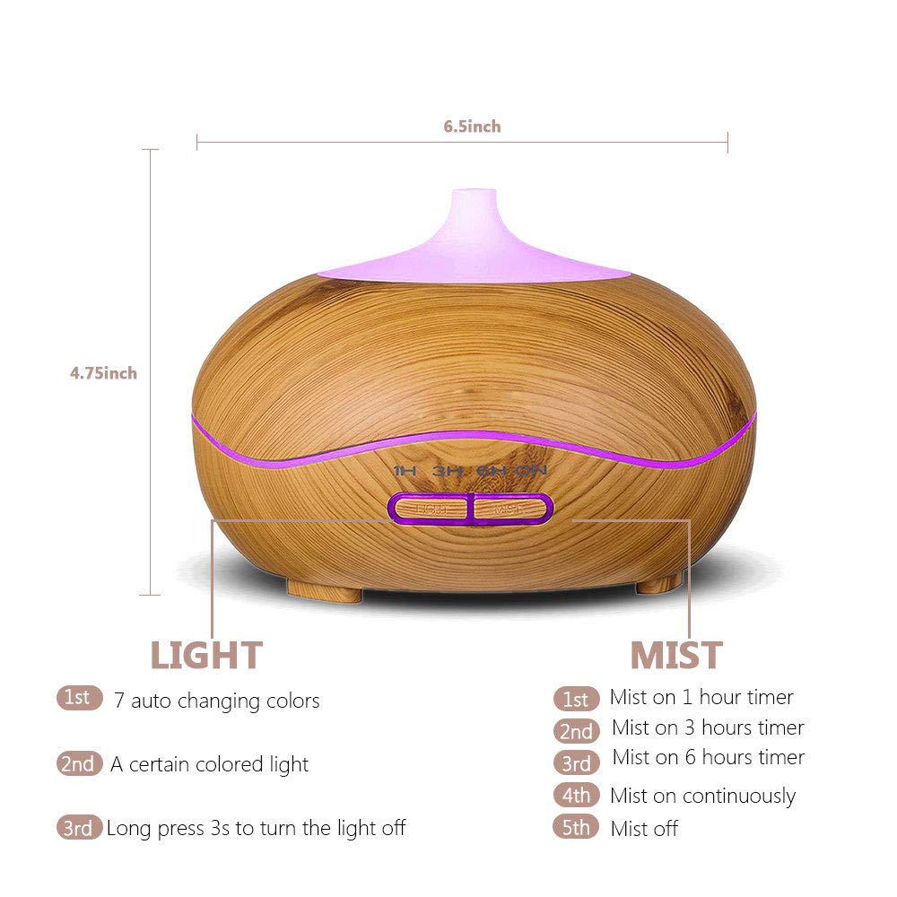 Cool Mist Ultrasonic Aroma Diffuser,7 Colour Changing LED Lights, Air Humidifier Wood Grain with Waterless Automatically Shut-off， for bedroom babyroom-WOOD …