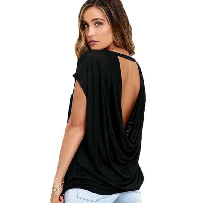 Damen Kurzarm, Frashing Frauen Lose Batwing Ärmel Rückenfreie Bluse Casual Tops T-Shirt V Ausschnitt Oberteile Damen Kurzarm 