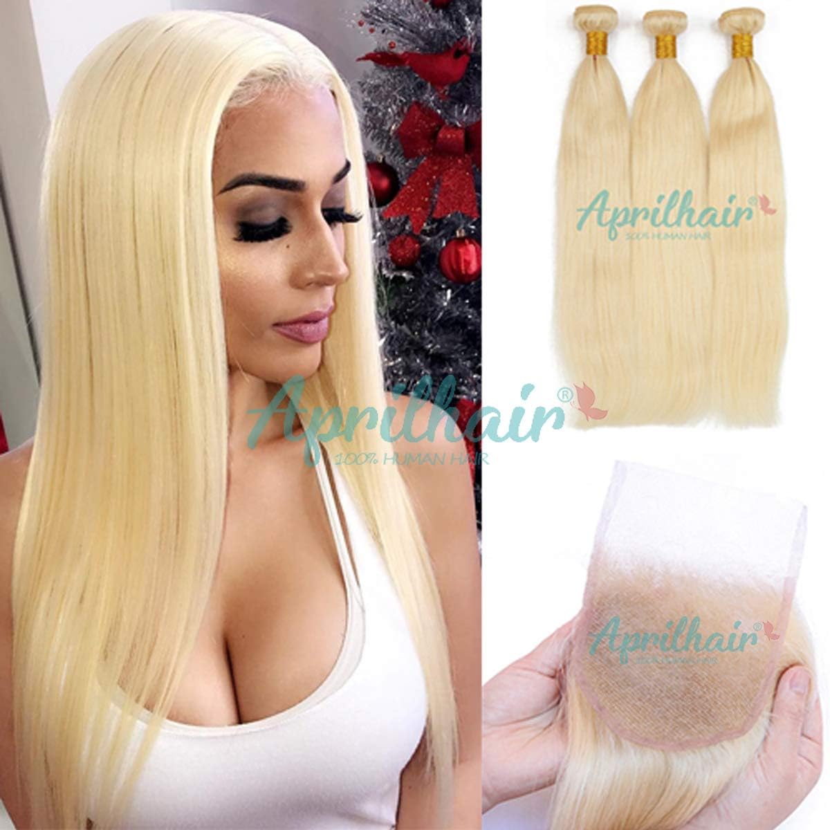 #613 Platinum Blonde Silk Straight Brazilian Virgin Human Hair 3 Bundles With Free Part 4x4 Lace Closure (ST 14+16 18 20)