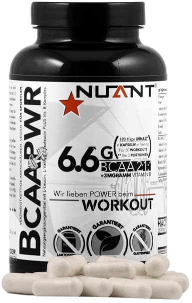 NUANT® – BCAA PWR | Mega Komplex aus essentiellen Aminosäuren & Vitamin B. Für Bodybuilder & Athleten | 180 Kapseln | 100% - 
