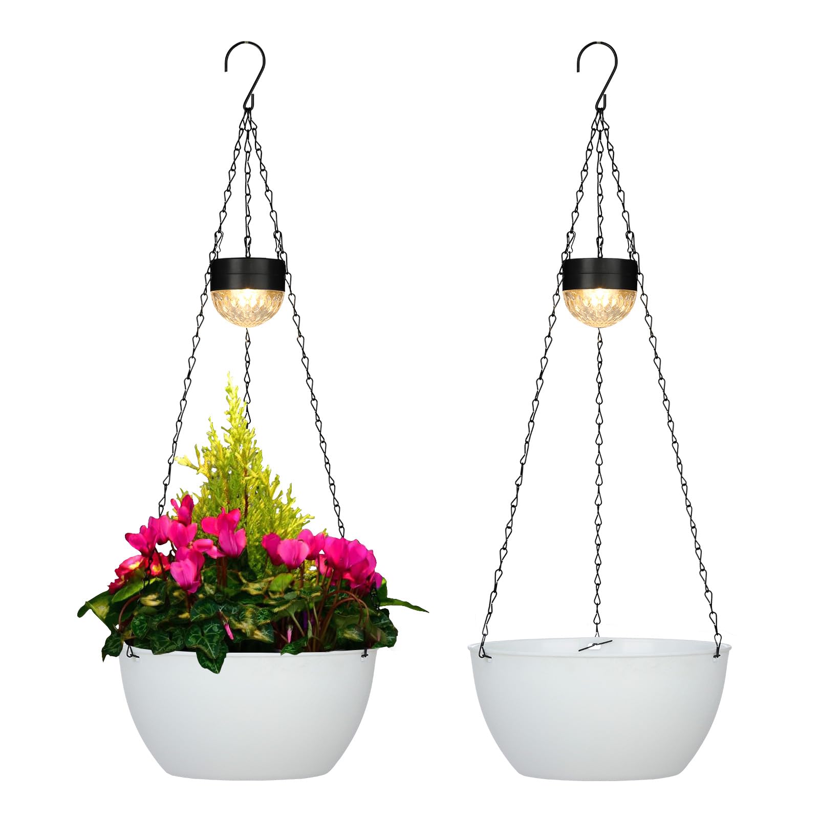Photo 1 of 2 Packs Solar Hanging Basket Planters for Plants Outdoor, Self Watering White Flower Plants Pots with Solar Light Drainer for Balcony Patio Garden Outdoor Decoration