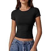 QINSEN Short Sleeve Shirts for Women Round Neck Basic Double Lined Tees Fitted Y2k Crop Tops