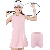 SPFAS Girls Tennis Dress with Shorts Pockets Sleeveless Workout Athletic Dresses A-Line Kids Golf Outfit Quarter Zip