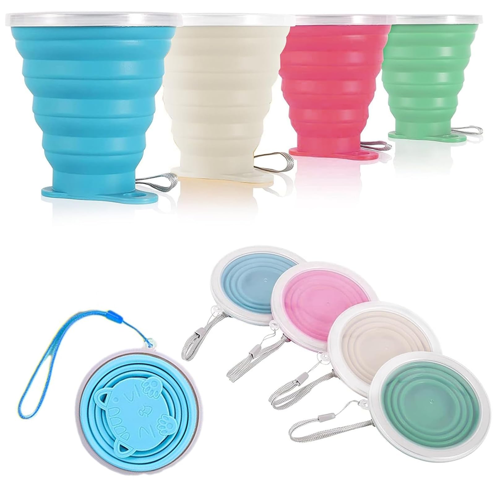 Vueinrg 4 Pcs Foldable Cup 250ML Foldable Drinking Cup with Lid Folding Cup Silicone Folding Cup Folding Cup Collapsible Travel Cup Reusable for Outdoor Travel Picnic Camping Hiking