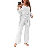 Fessceruna Womens 3 Piece Pajama Set Cami Tank Top Wide Leg Pants and Cardigan Loungewear Lounge Sets