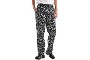 NIDEEN Men’s and Women's Baggy Printed Chef Pants Kitchen Uniforms with Elastic Waist Floral Restaurant Work Pants