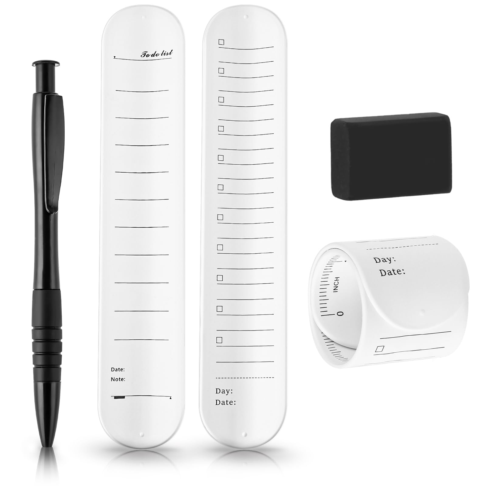 Photo 1 of Andibro 2 Pcs Reusable Silicone Memo Wrist Band, Waterproof Wearable Memo Wrist Band to Do List Wrist Band with 1 Pcs Oil-Based Ballpoint Pen and 1 Pcs Eraser for Daily Planner Study Task(White)