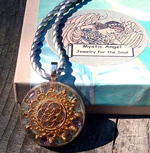 Sacred Geometry Pendant with Genuine Moldavite, Amethyst &amp; Aventurine