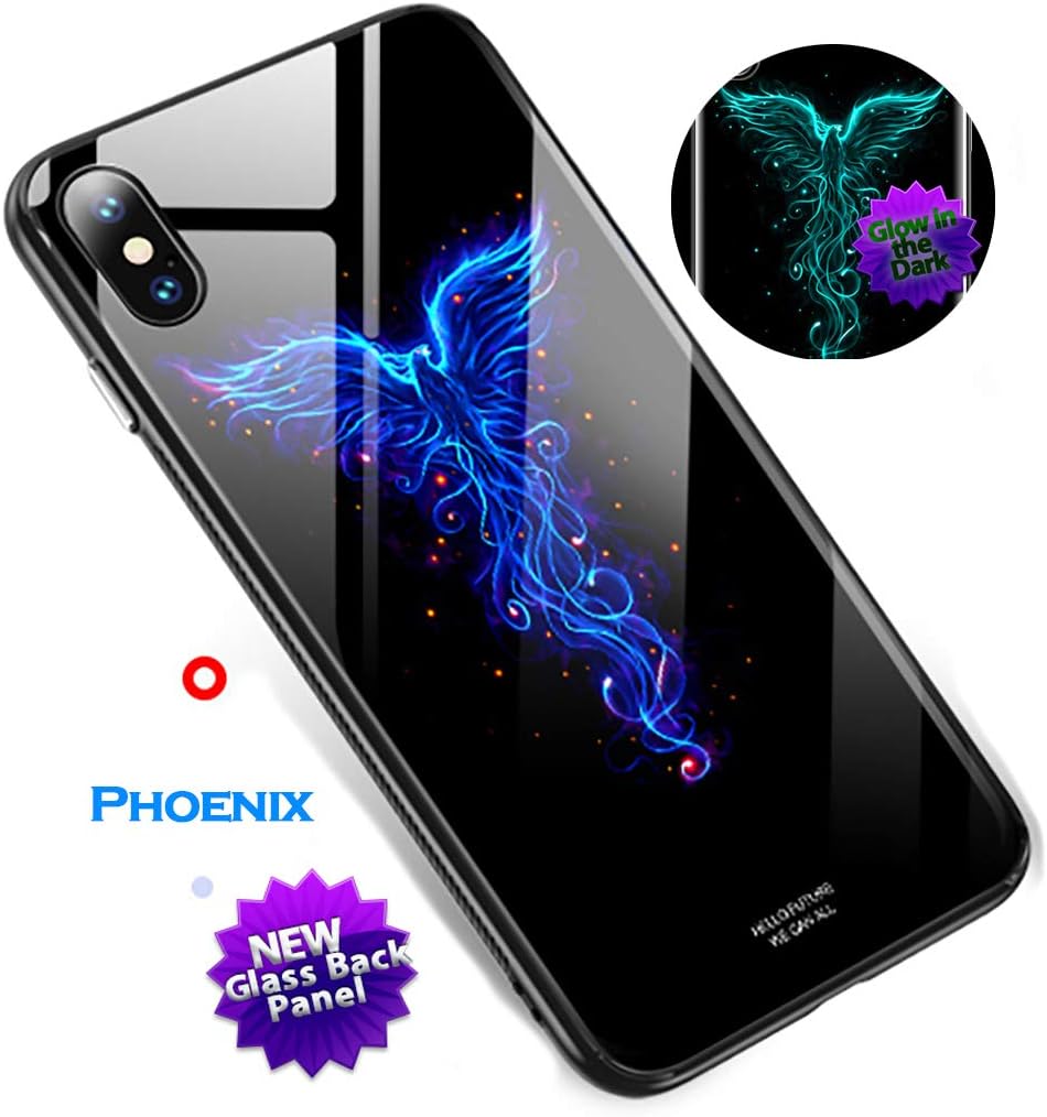 MTW iPhone X case Glow in the Dark, Slim Anti Scratch Glass panel with shockproof TPU Rims (iPhone X, Phoenix)