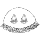 NewZenro Moon Shaped Imitation Pearls CZ Beaded Tassel Dangle Drop Earrings Indian Rectangle Choker Necklace Set for Women Silver Plated Fashion Boho Antique Bolloywood Jewelry