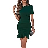Plustrong Womens Summer Short Sleeve Bodycon Mini Dress Ruched Ruffle Hem Cocktail Wedding Guest Dress
