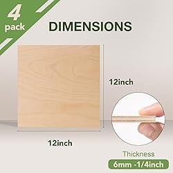 Rowood 4 Pack Birch Plywood 1/4,12x12x1/4inch,Birch
