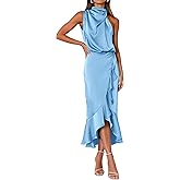 KIRUNDO Women 2026 Spring Summer Satin Mock Neck Wedding Guest Party Cocktail Midi Dress Sleeveless Wrap Ruffle Formal Dress